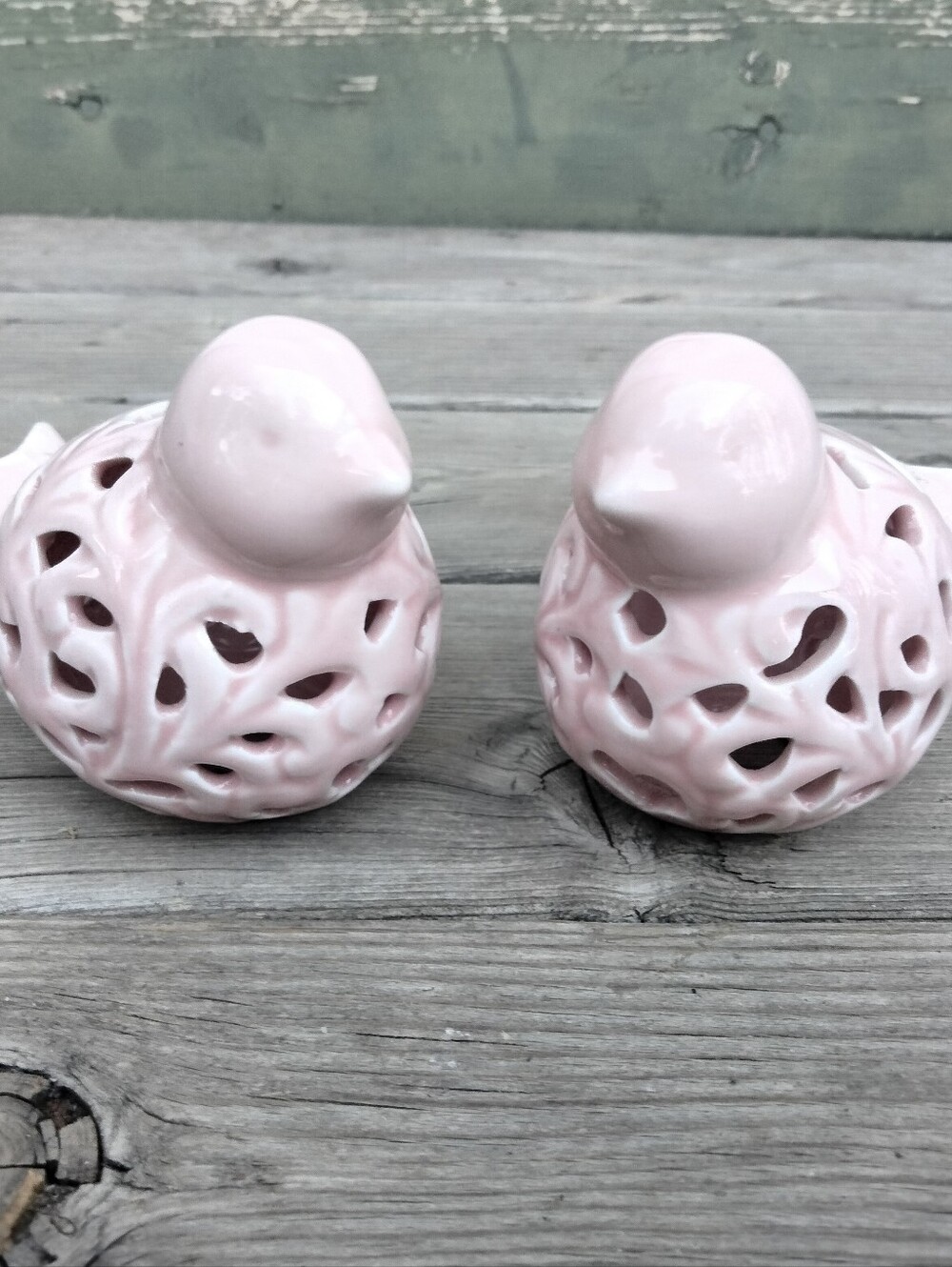 Pink Glossy Ceramic Bird Figurines Set of 2 Pierced Detail Decorative Love Birds